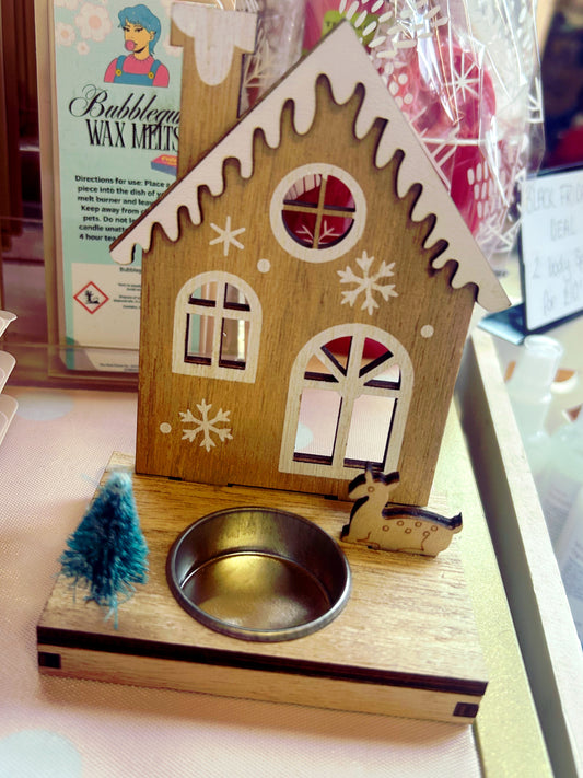 Wooden house tea light holder